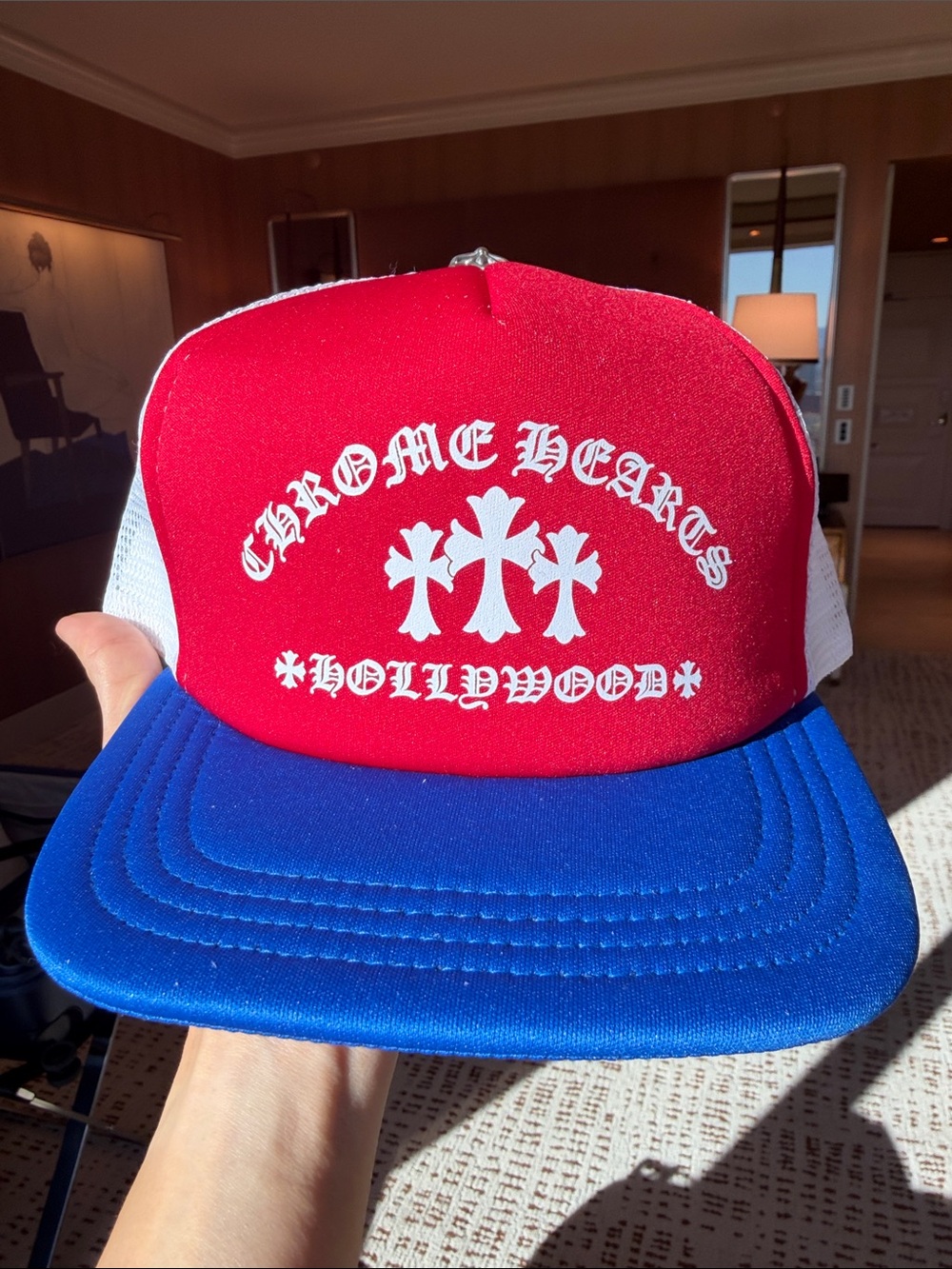 NWT Chrome Hearts Red and Blue Trucker Hat with White Logo